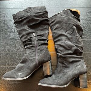 Black suede wide calf boots with chunky heels worn 1 time out size 10